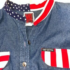 Women’s Denim Button-Down Shirt in Blue with Red & White Accents